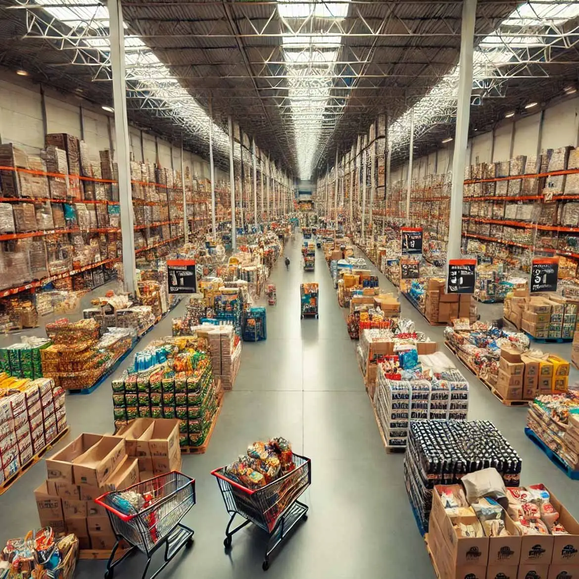 Centro de distribución con pasillos amplios, pallets de productos y carros de carga
